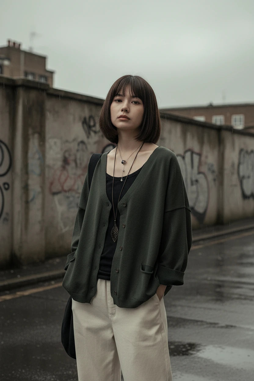 Loose Knit Cardigan — V-Neck, Button Front