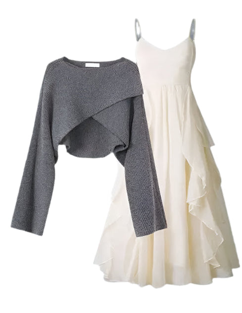 Autumn Short Knitted Sweater Suspended Skirt Two Piece Female Clothing Set