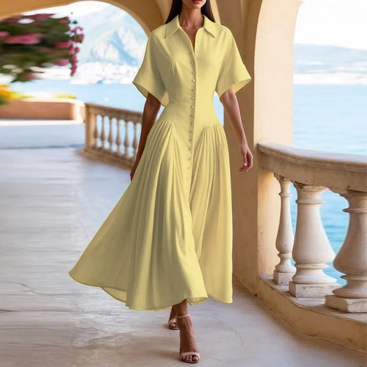 Women's High Waist Lapel Neck Short Sleeves Midi Dress - Premium Dress from Craftklart.store - Just $34.89! Shop now at Craftklart.store