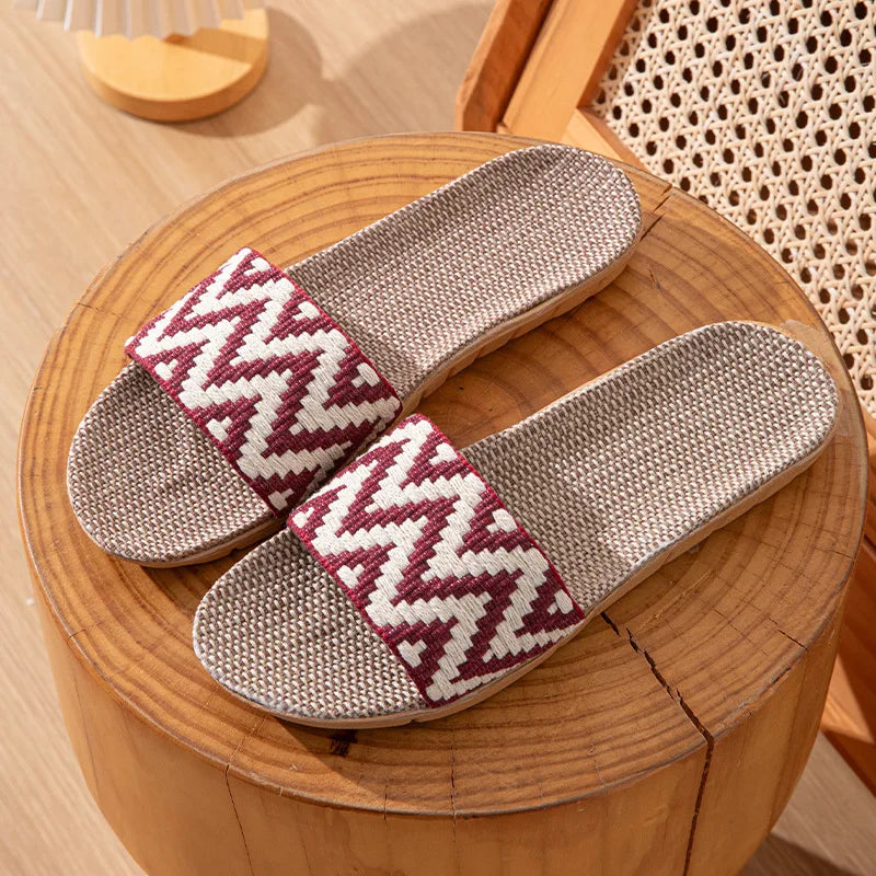 Women's linen indoor slippers by Slip on featuring anti-slip flat mule slides available in three colors, perfect for comfortable indoor wear.
