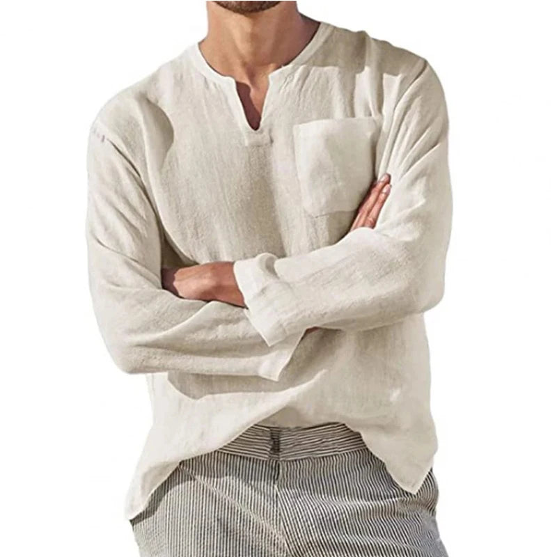 Men's Cotton Linen V-Neck Loose Pullover Tops - Premium Longsleeve Top from Craftklart Dropship - Just $13.89! Shop now at Craftklart.store