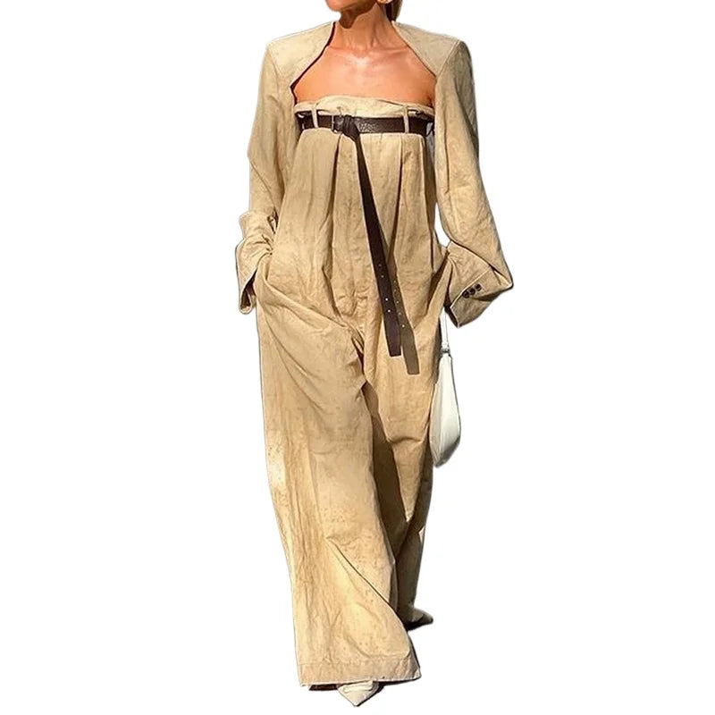 Women's 2024 New  Outerwear Top + Wide Leg Belted Jumpsuits Set - Premium Sets from Craftklart Dropship - Just $32.45! Shop now at Craftklart.store