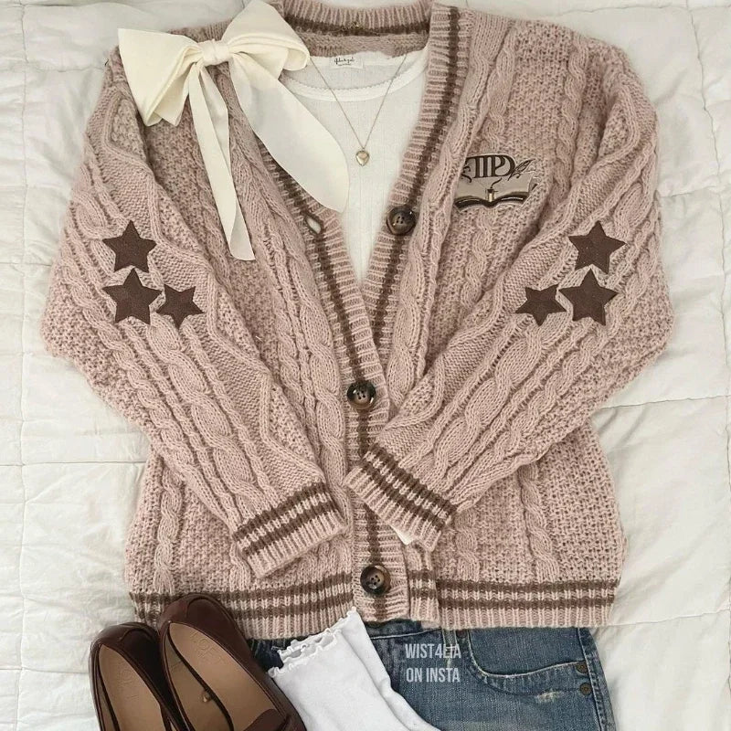 Women Autumn Cotton Star Embroidery Khaki Knitted Cardigans - Premium Cardigan from Craftklart Dropship - Just $21.40! Shop now at Craftklart.store