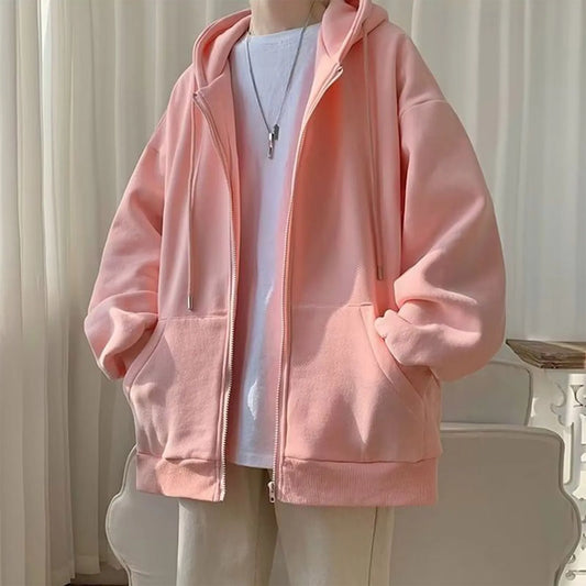 Men's Oversized Zip Hoodie – Loose Fit Solid Colour Hooded Jacket | Hong Kong Style - Craftklart.store