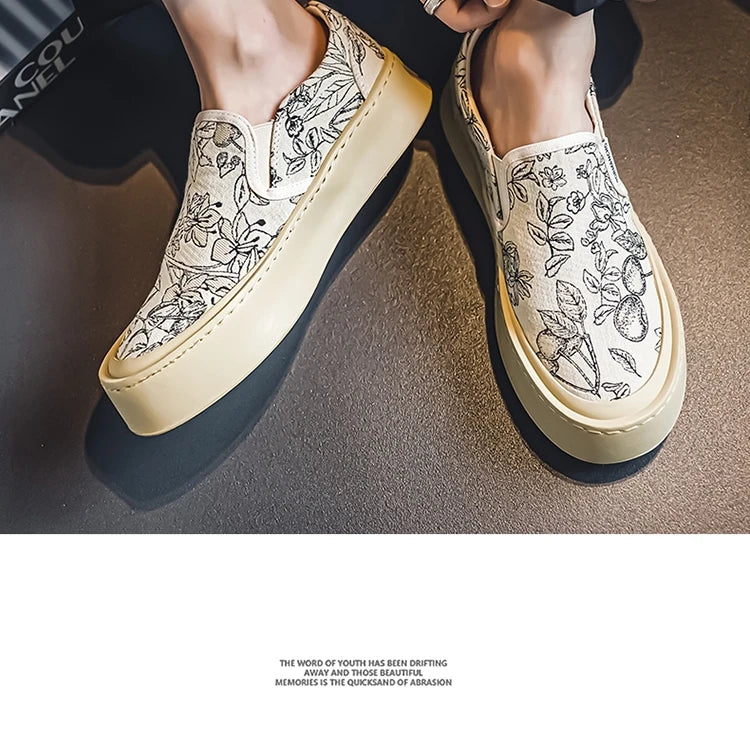 Men's Canvas Floral Thick Sole Loafers