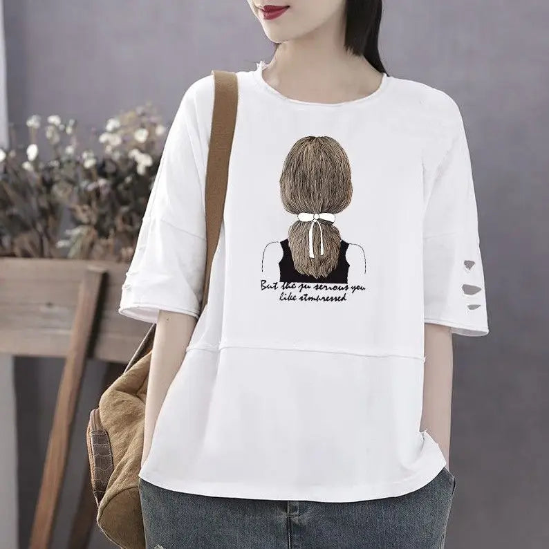 Women's 100% Cotton Large Size Korean Half Sleeved Loose T-shirt - Premium T-Shirt from Craftklart Dropship - Just $17.05! Shop now at Craftklart.store