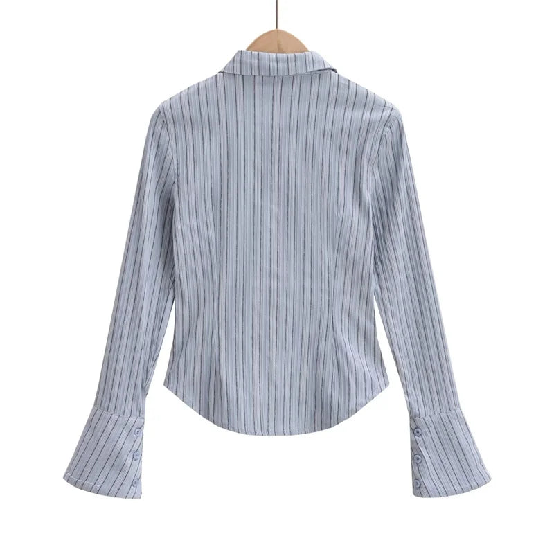 Women's Necktie Decoration Striped Single Breasted Flare sleeve Slim Blouse - Premium shirt from Craftklart Dropship - Just $20.80! Shop now at Craftklart.store