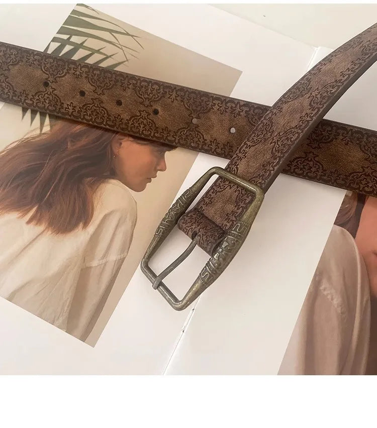 Pattern Print Buckle Pin Waist Belt Female Pu Leather