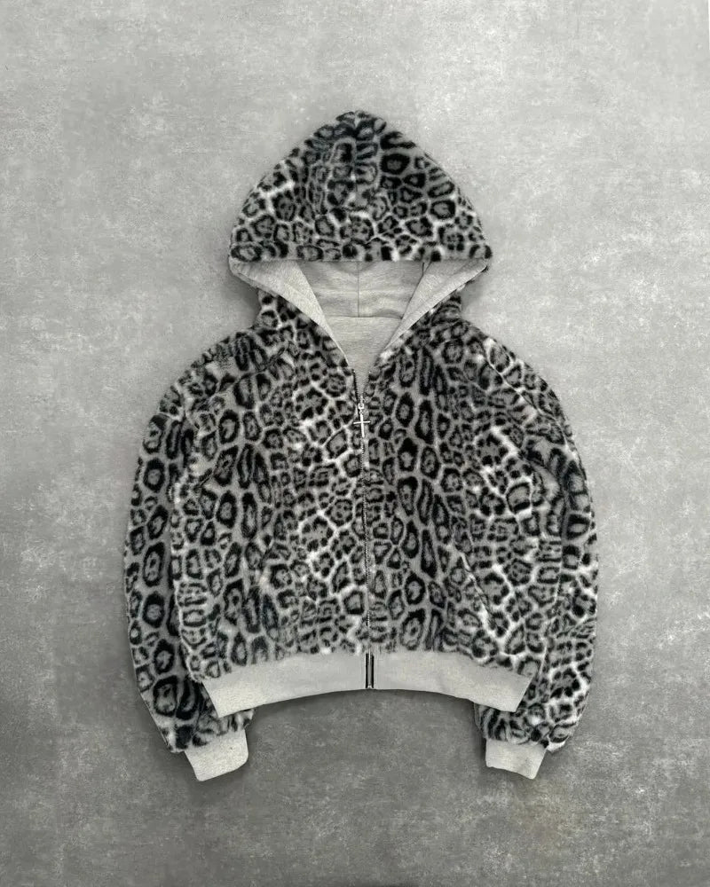 Two-sided Harajuku Retro Leopard Print Loose Zipper Hoodie - Craftklart.store