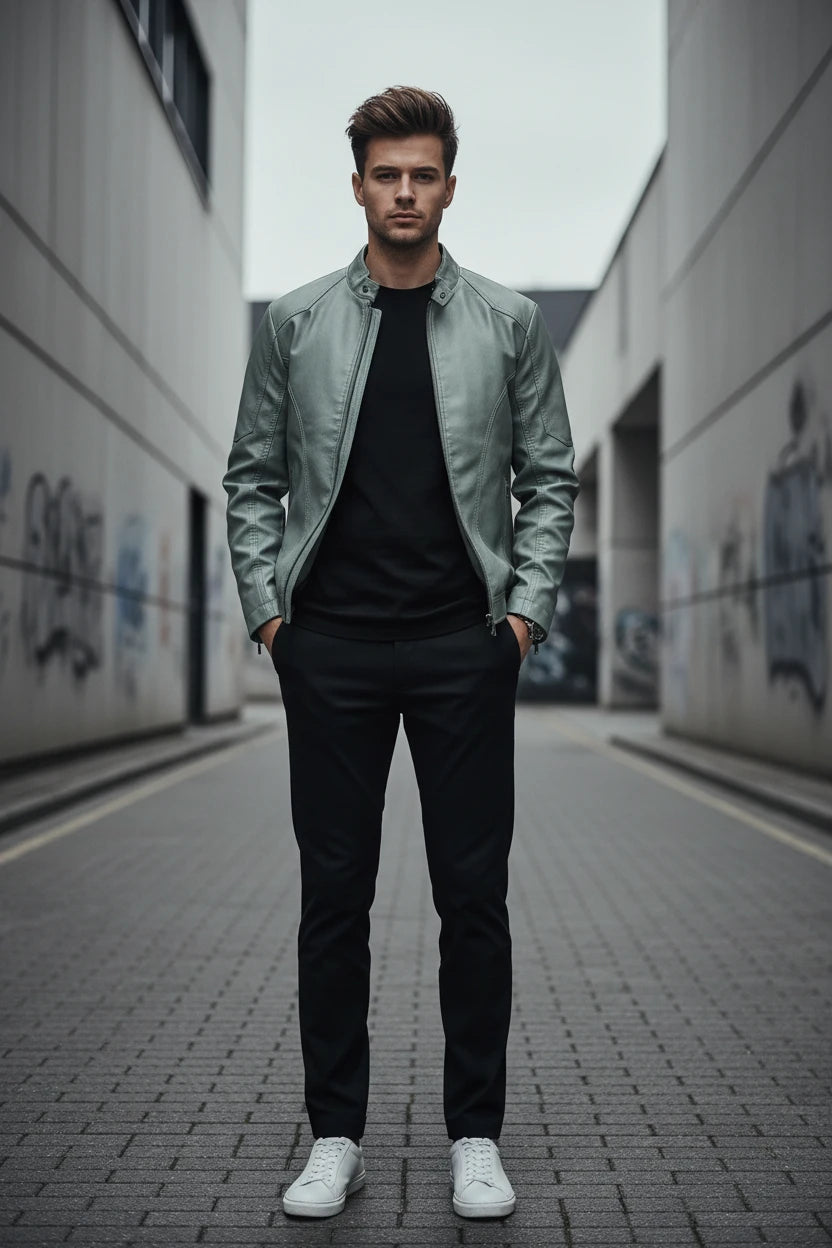 Craftklart slim fit moto biker jacket in black PU leather, styled as a streetwear coat with a sleek, fitted design.