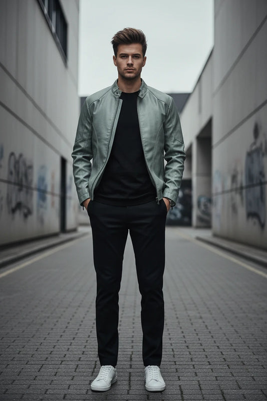 Craftklart slim fit moto biker jacket in black PU leather, styled as a streetwear coat with a sleek, fitted design.