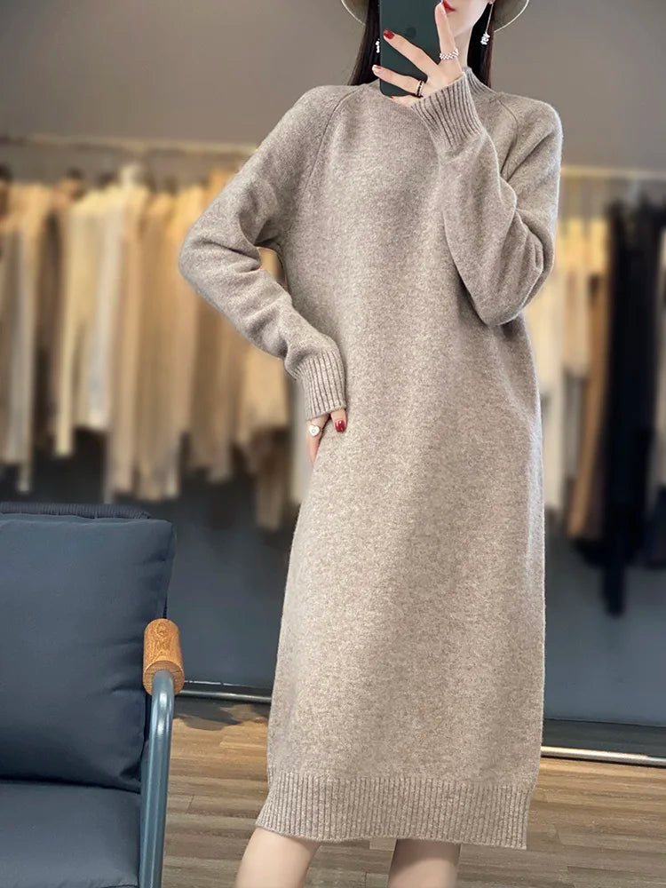 New Women Long Sweater Dress 100% Merino Wool Long Dress Autumn Winter Mock Neck Quality Cashmere Knitwear Basic Grace Dress - Craftklart.store