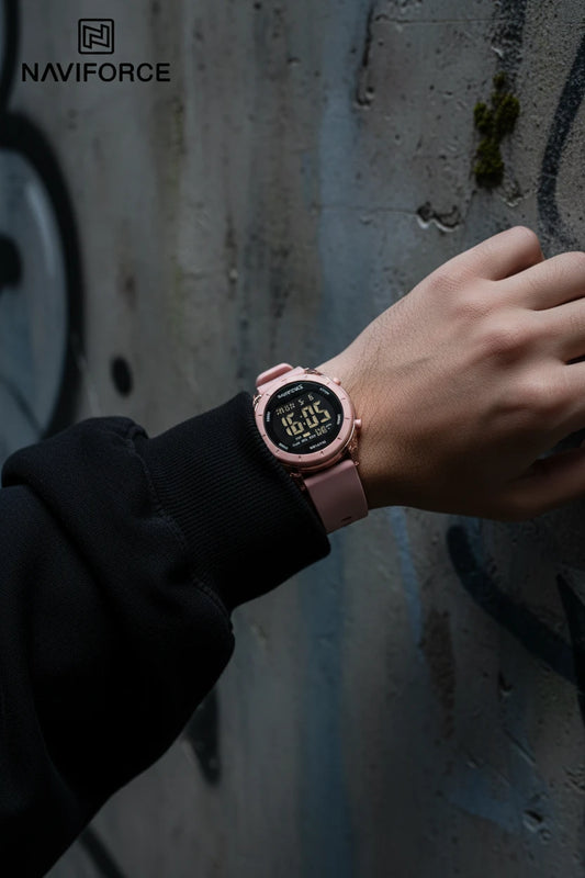 Women's digital sport watch with silicone strap, sleek black design, and digital display for activewear and casual use.