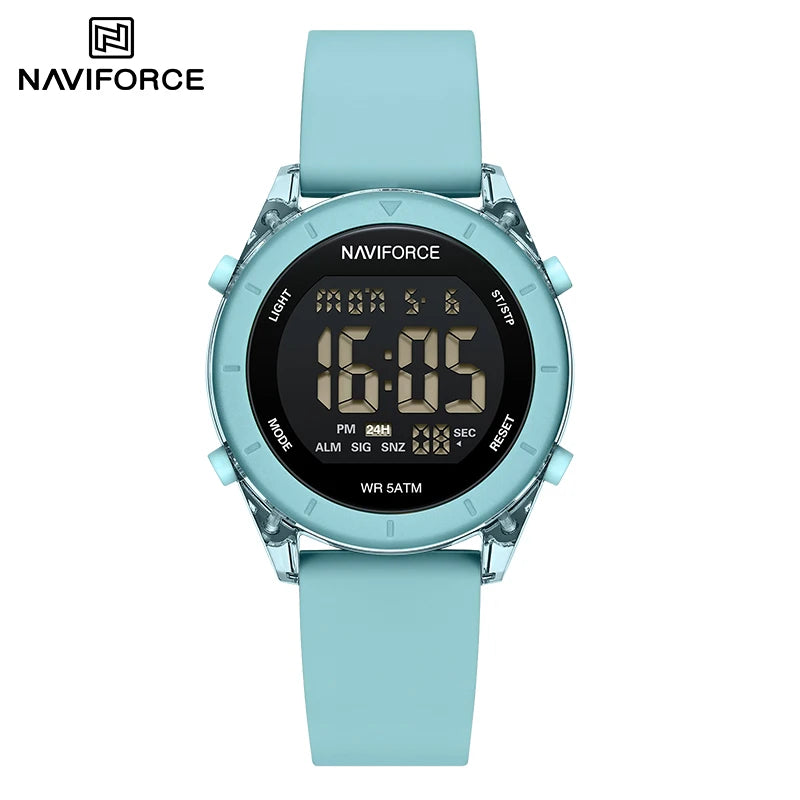 Women's digital sport watch with a silicone strap, featuring a sleek black face and modern design for active wear.