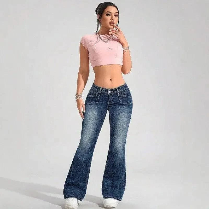 Woman wearing Craftklart Dropship low waist flare stretch denim jeans, front view showing fit and flare silhouette.