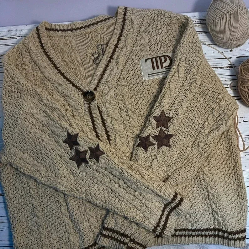 Women Autumn Cotton Star Embroidery Khaki Knitted Cardigans - Premium Cardigan from Craftklart Dropship - Just $21.40! Shop now at Craftklart.store