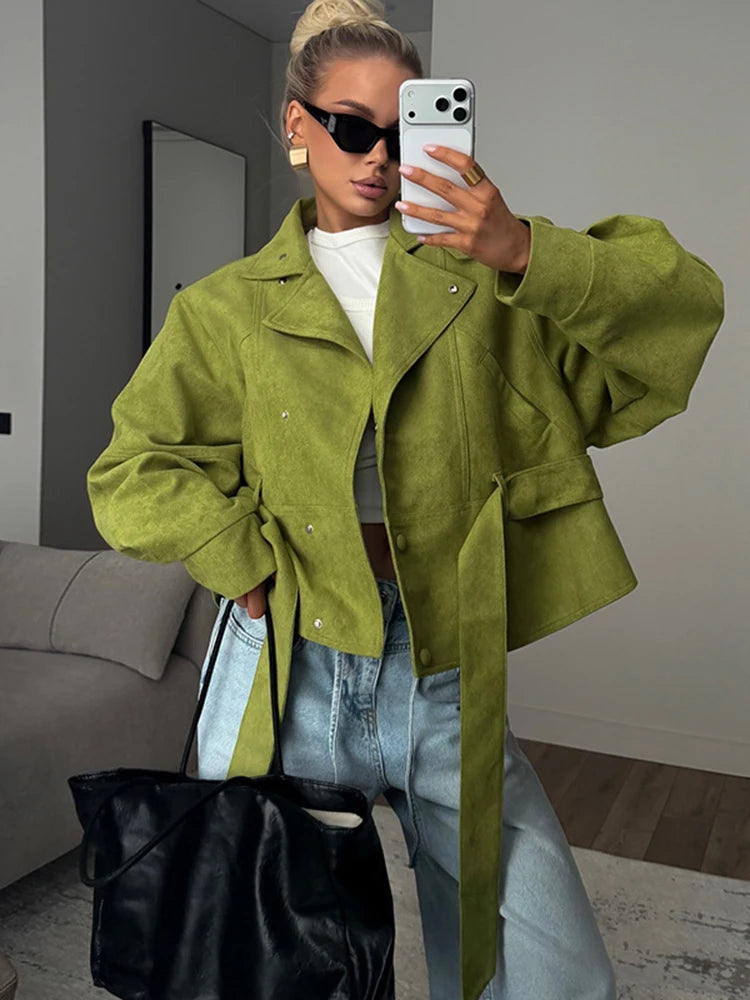 Craftklart oversized belted puff sleeve jacket for women, stylish streetwear coat featuring dramatic puff sleeves and a waist belt.