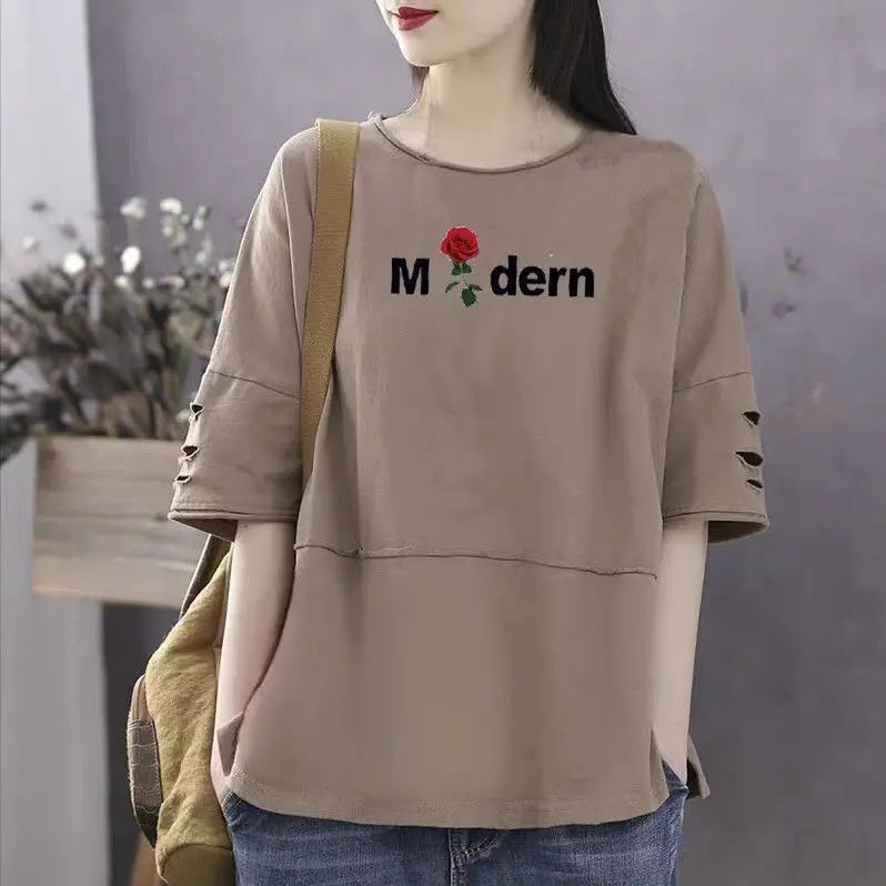 Women's 100% Cotton Large Size Korean Half Sleeved Loose T-shirt - Premium T-Shirt from Craftklart Dropship - Just $17.05! Shop now at Craftklart.store