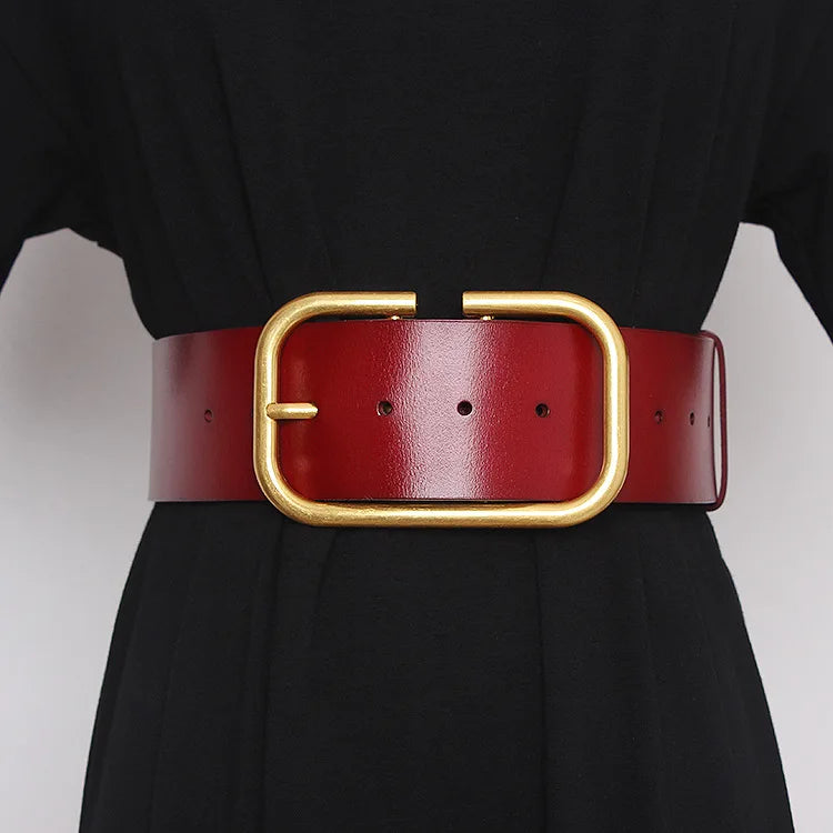 Real Leather Wide Belt For Women Gold Square Buckle Pin Waistband for Coat Dress - Premium Belt from Craftklart Dropship - Just $29.18! Shop now at Craftklart.store