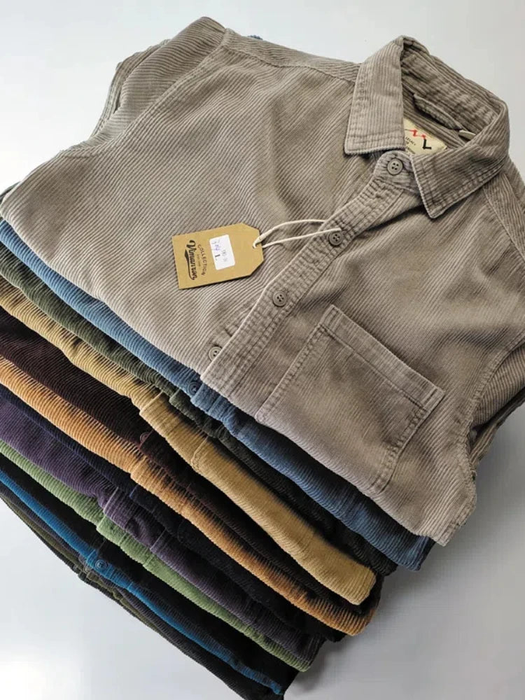 Corduroy Men's Fashion 100% Cotton Washed Single Pocket Shirt