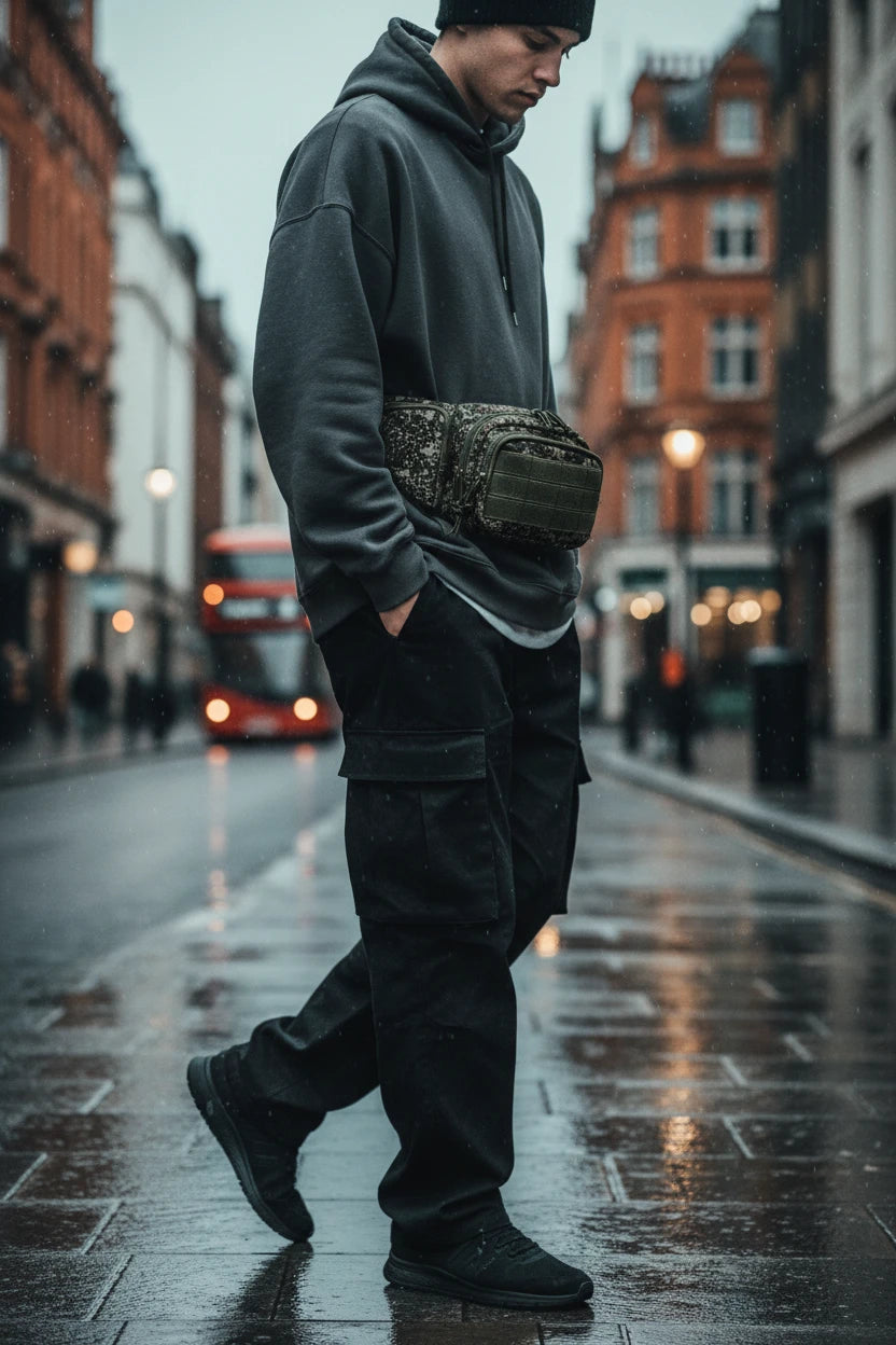 Nylon minimal utility waist bag from Urban Fashion & Streetwear, casual accessory with adjustable strap and sleek design.