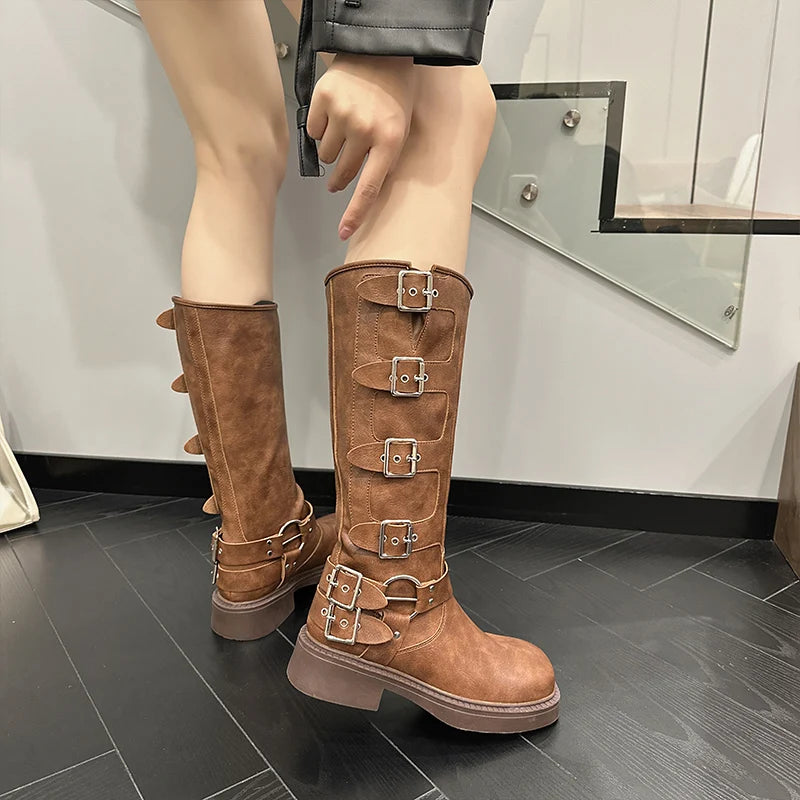 Women's Branded Leather Knight Boots Women Square Toe High Buckle Boots - Premium Boots from Craftklart Dropship - Just $49.89! Shop now at Craftklart.store