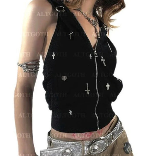 Cyberpunk Female  Streetwear Gothic Cross Hooded Crop Tank Top - Premium Hoodie from Craftklart Dropship - Just $20! Shop now at Craftklart.store