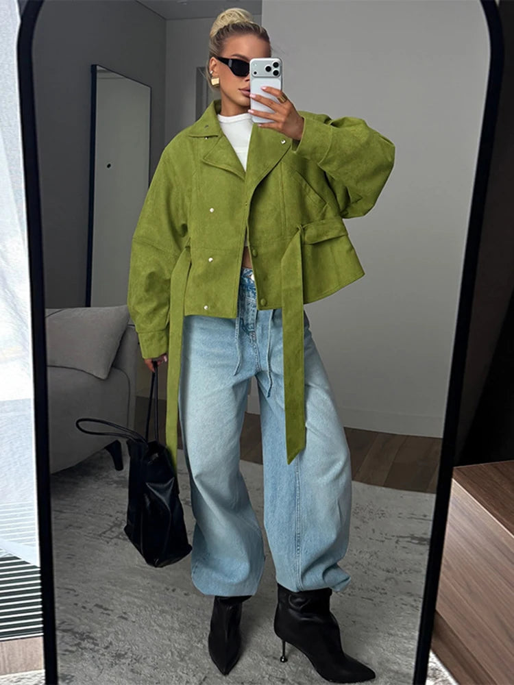 Craftklart oversized belted puff sleeve women's streetwear jacket, stylish coat with puff sleeves and belt detail.