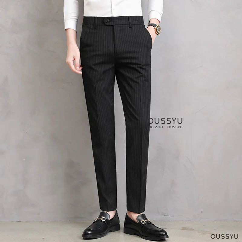 England Stripe Pattern Formal Dress Slim Fit Pants Men Summer Thin Light Gray Black Breathable Korea Skinny Casual Trousers Male - Craftklart.store