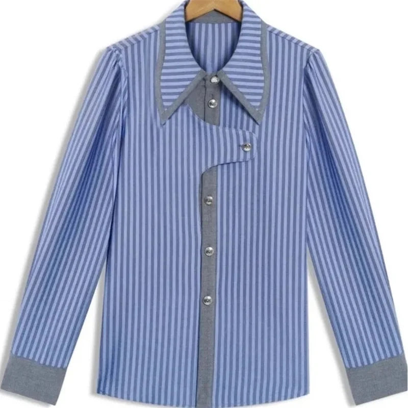 2025 Female Stripe Women Blue Long Sleeved Shirt - Premium Shirt & Tops from Craftklart Dropship - Just $17.78! Shop now at Craftklart.store