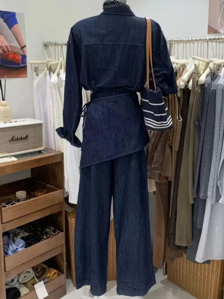 Women's Urban Chic Single-breasted Casual Long-sleeved Denim Shirt Set
