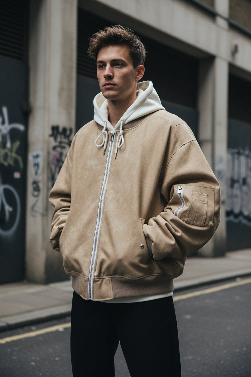 Men's oversized faux suede bomber jacket with hood, urban streetwear design, in neutral tones, from Craftklart by Urban Fashion & Streetwear