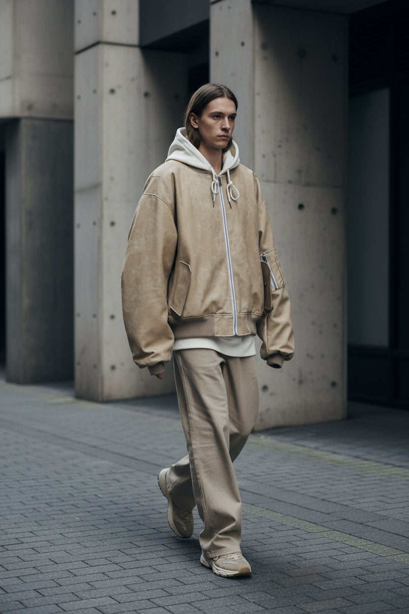 Urban Fashion & Streetwear Craftklart oversized faux suede hooded bomber jacket for men, featuring a relaxed fit and streetwear style.
