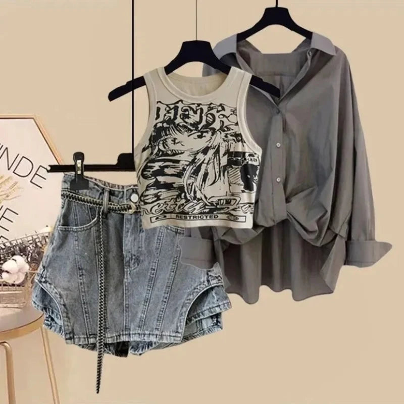 Urban Girl Shirt Printed Vest Denim Shorts