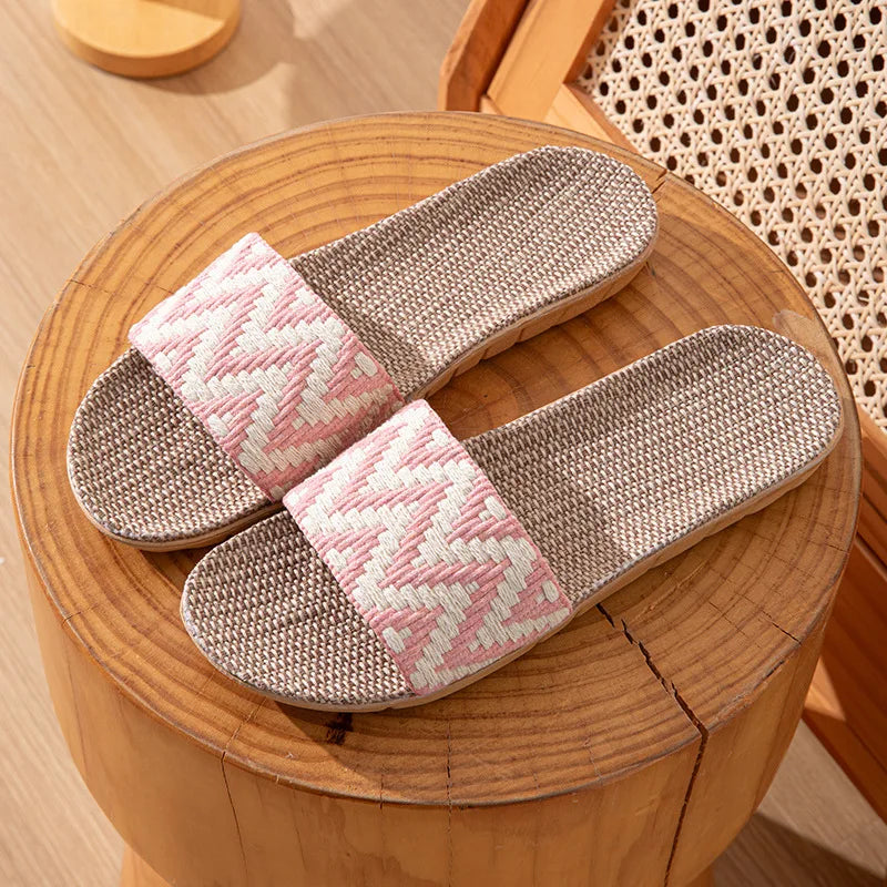 Women's Slip on Linen Indoor Slippers with anti-slip soles, flat mule slides available in three colors.