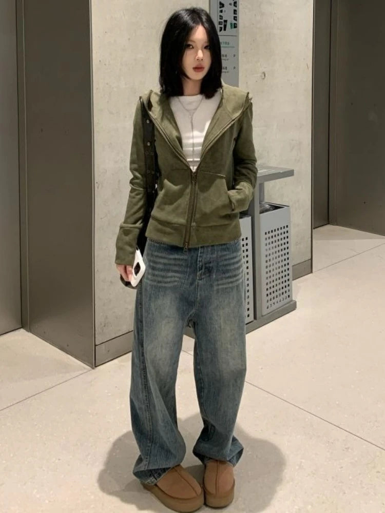 Sage green oversized zip-up hoodie by Craftklart, featuring a front zipper, relaxed fit, and soft fabric for casual comfort.