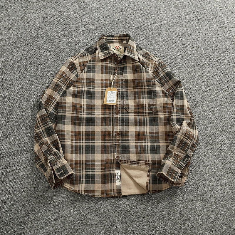 Heavy Chunky Cotton Plaid Long Sleeve Shirt - Craftklart.store