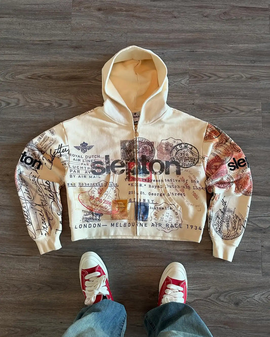 Y2K Passport Print Hoodie for Women