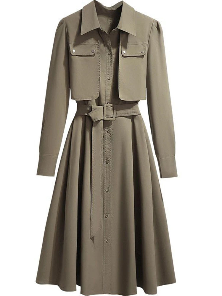 Women's long sleeve belted midi dress by Craftklart Dropship, featuring a stylish design and elegant fit.