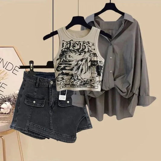 Urban Girl Shirt Printed Vest Denim Shorts
