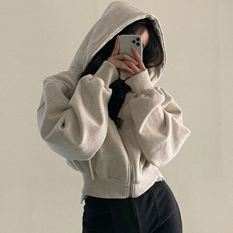 Women Urban Casual Fleece Lined Loose  Zipper Hoodie