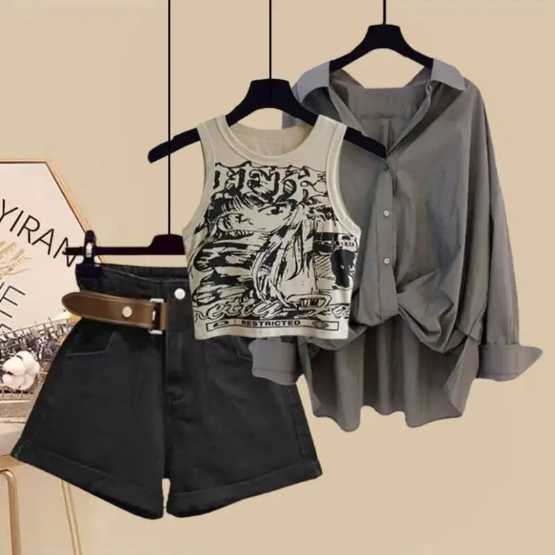 Urban Girl Shirt Printed Vest Denim Shorts