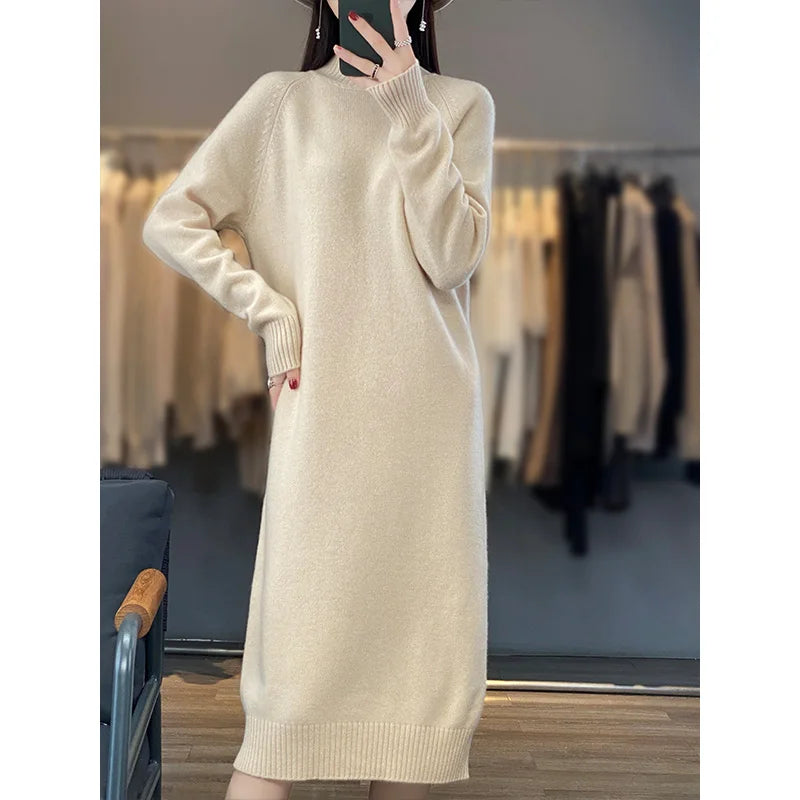 New Women Long Sweater Dress 100% Merino Wool Long Dress Autumn Winter Mock Neck Quality Cashmere Knitwear Basic Grace Dress - Craftklart.store