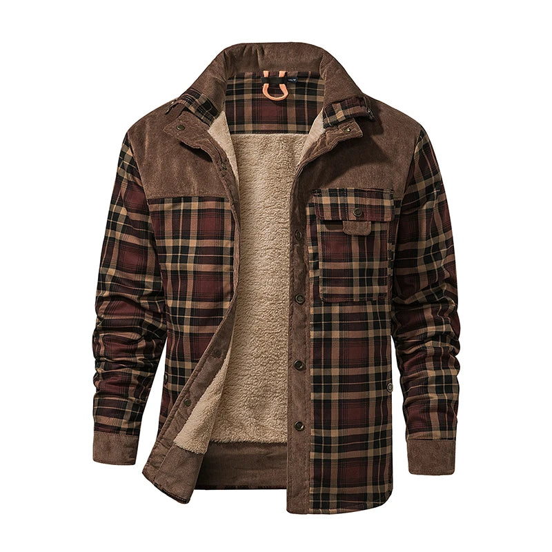 Cotton Plaid Jacket Autumn Men Casual Multi-Pockets Coat