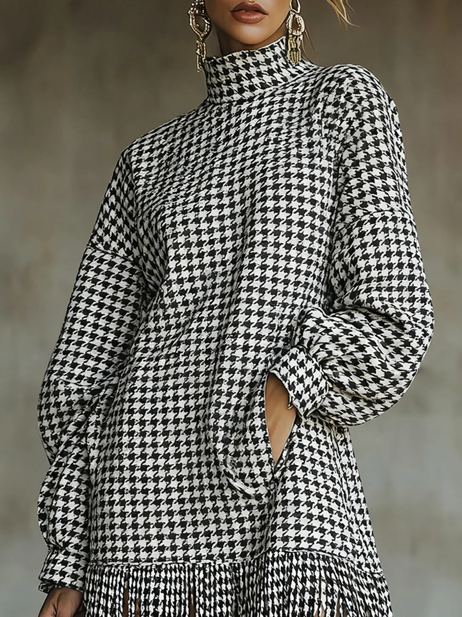 Houndstooth turtleneck mini dress by Urban Fashion & Streetwear, featuring a fitted silhouette and classic black-and-white pattern.