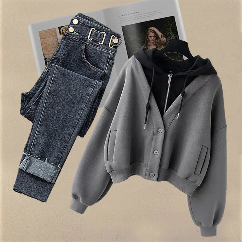 Two Piece Hooded Loose Sweater Slimming Jeans Set - Premium Set from Craftklart Dropship - Just $21.25! Shop now at Craftklart.store