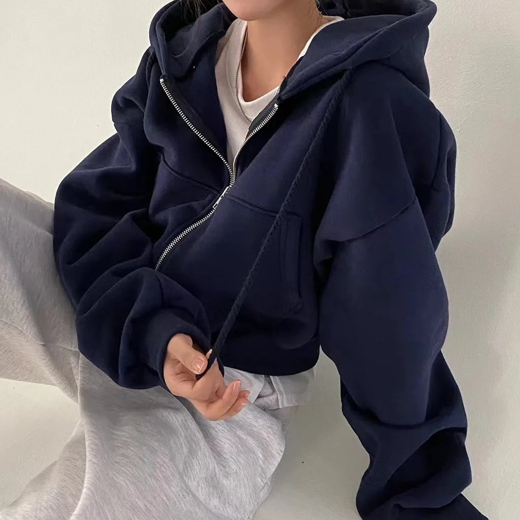 Women Urban Casual Fleece Lined Loose  Zipper Hoodie