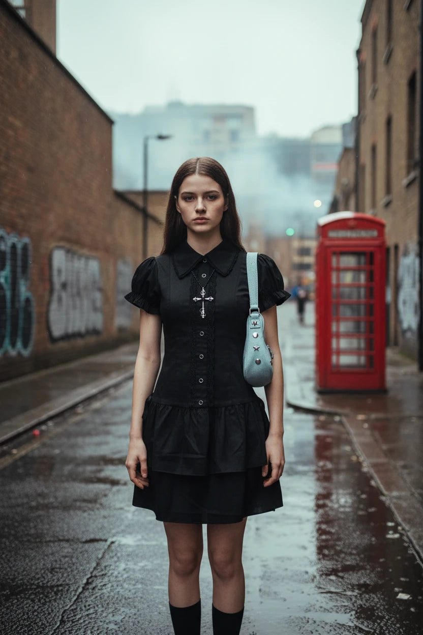 Black patchwork mini dress from Urban Fashion & Streetwear by Craftklart, featuring a stylish design and fitted silhouette.