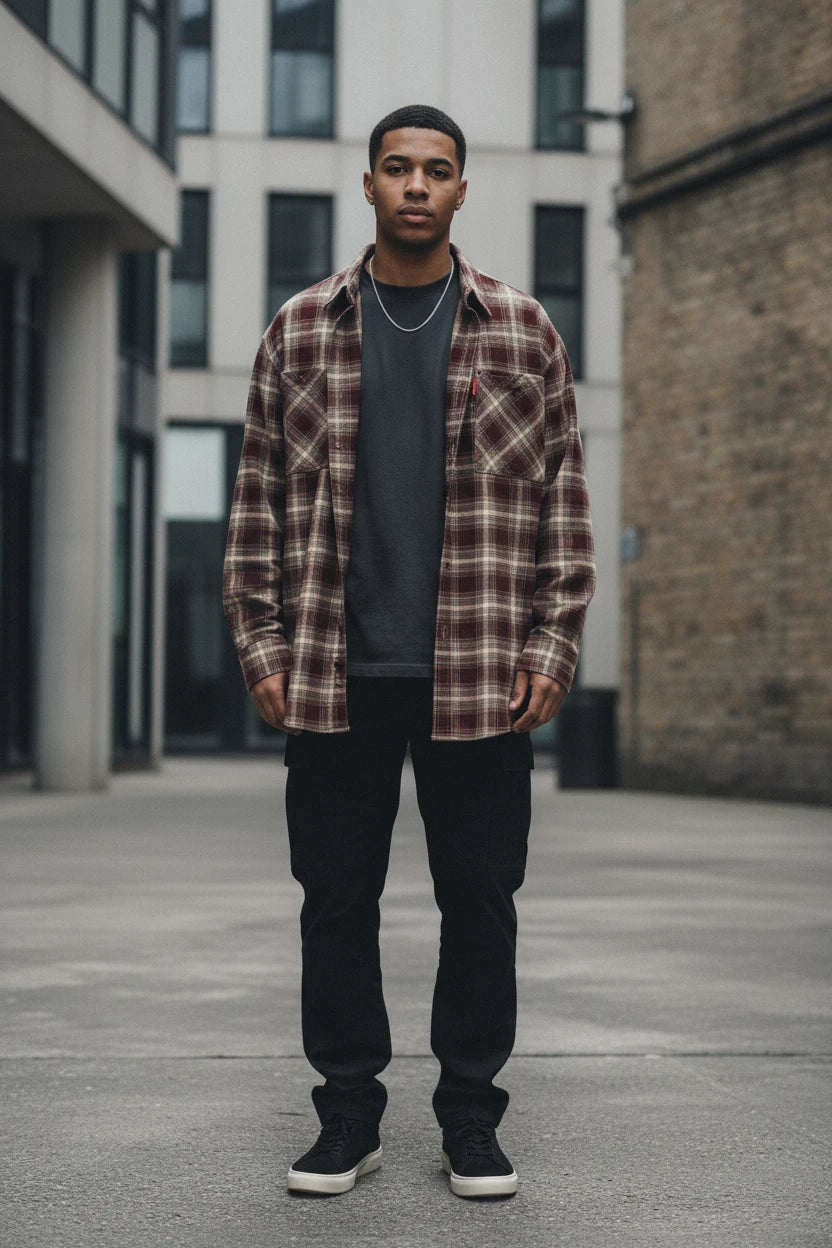 100% Cotton Retro Plaid Shirt Men's Loose Casual Long Sleeve Shirt