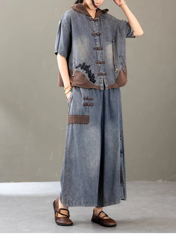 Women's Vintage Loose Denim  Chinese Hooded Jacket & Wide Leg Pants Set - Premium Dress from Craftklart Dropship - Just $53.08! Shop now at Craftklart.store